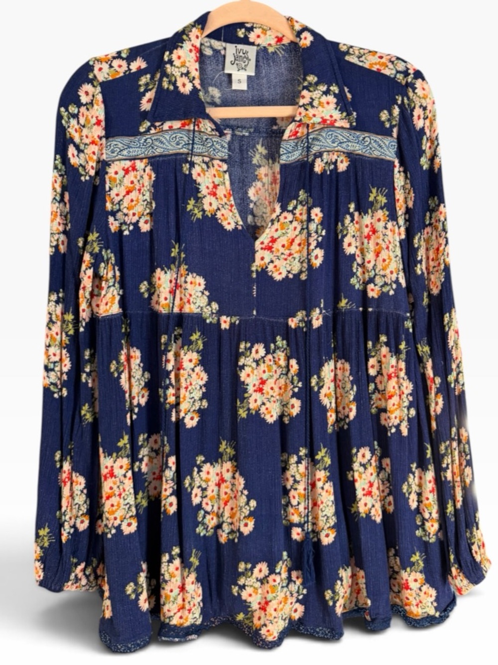 Ivy Jane Boho Navy/Pink Floral Peasant Blouse Baby Doll w/ Tassels Sz S